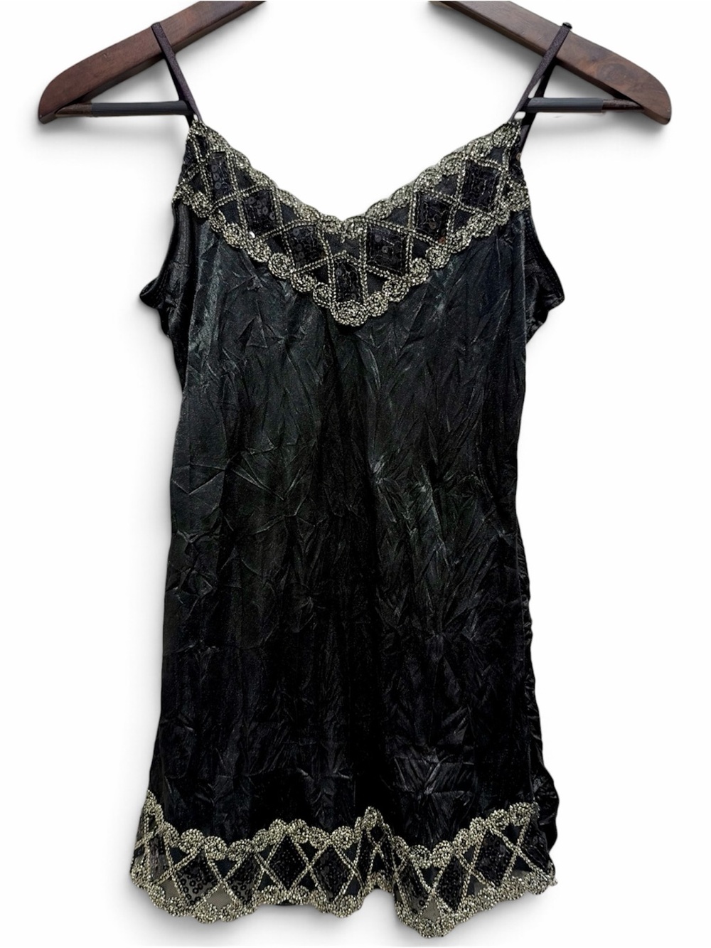 Vintage Y2K Vol.1 Black Satin Sequin Beaded Cami Dark Romance Size S